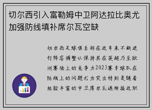 切尔西引入富勒姆中卫阿达拉比奥尤加强防线填补席尔瓦空缺
