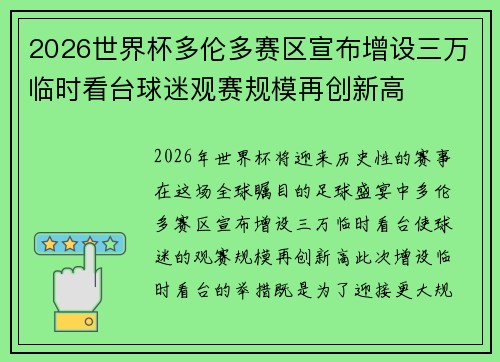 2026世界杯多伦多赛区宣布增设三万临时看台球迷观赛规模再创新高